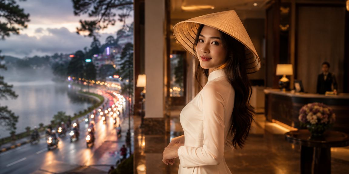Phụ nữ Đà Lạt đội nón lá kiểm tra tiền thưởng nạp tiền trên điện thoại