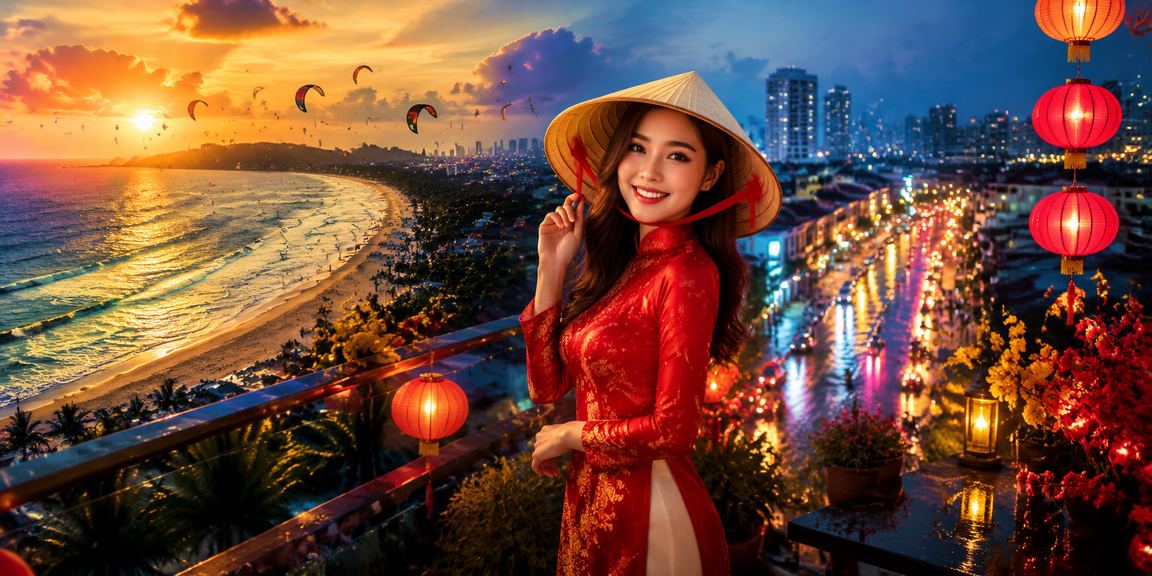 Người phụ nữ đội nón lá tại Mũi Né thư giãn và kiểm tra game trên điện thoại